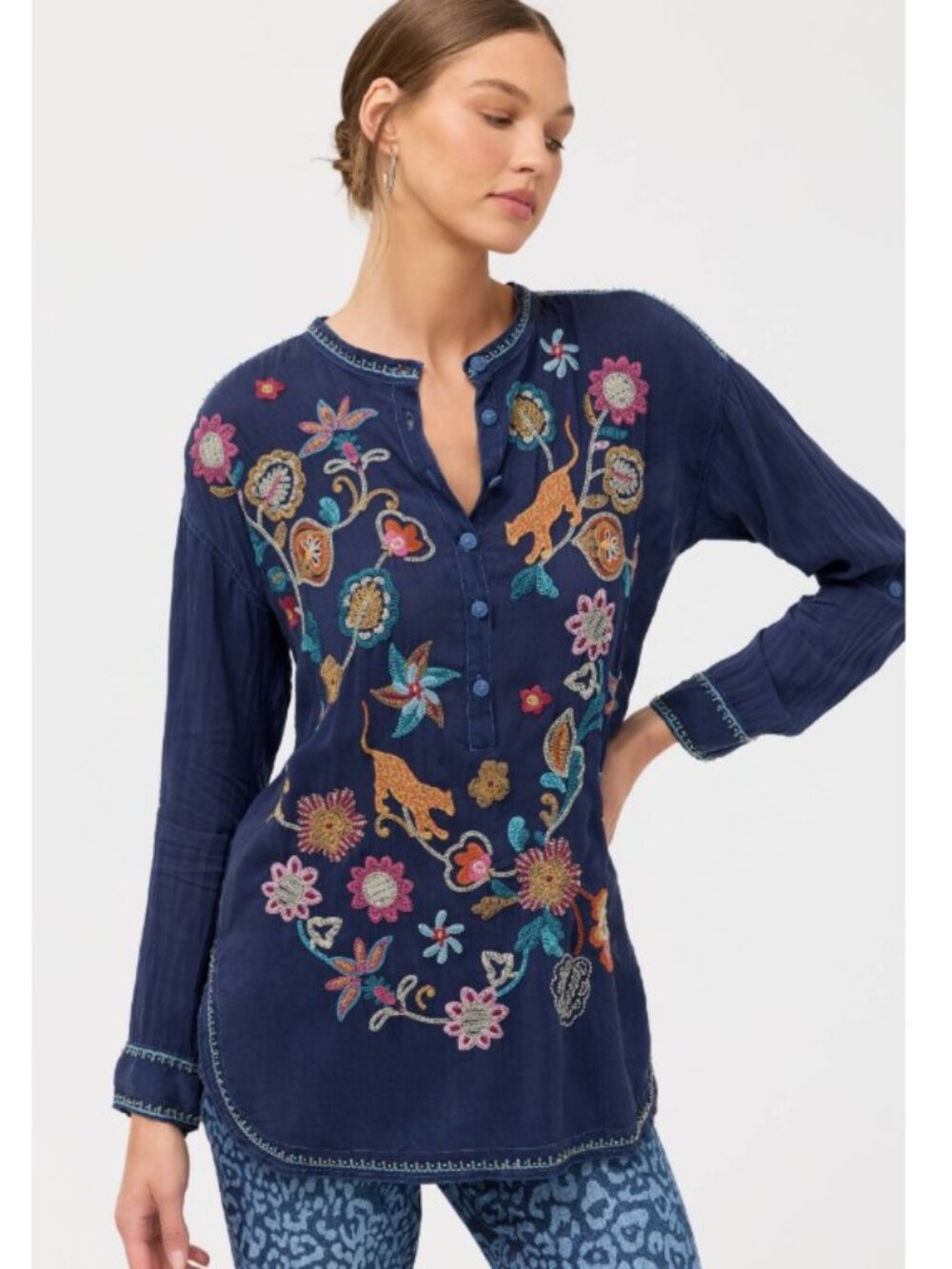 NEW JOHNNY WAS Zinnia Tunic, Embroidery Blouse $350, Size M